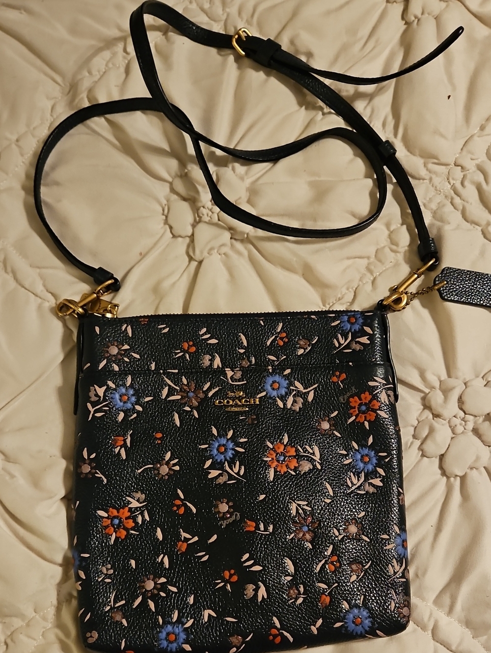 Coach Black Floral Leather Crossbody with Blue and Orange Flowers
